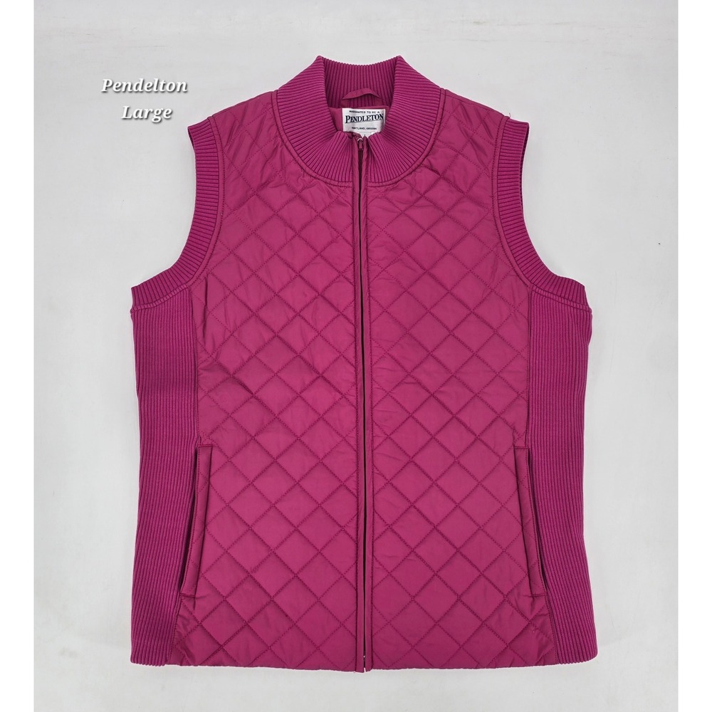 Pendleton Women's Large Pink Quilted Full Zip Vest Ribbed Knit Preppy Outdoor